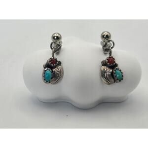 Navajo Silver Turquoise Coral Earrings Pre Loved